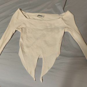 White Off Shoulder Long Sleeve Tie Front Crop Top